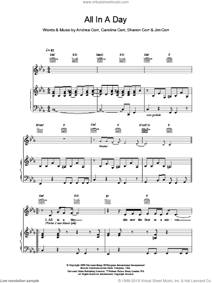 All In A Day sheet music for voice, piano or guitar by The Corrs, intermediate skill level