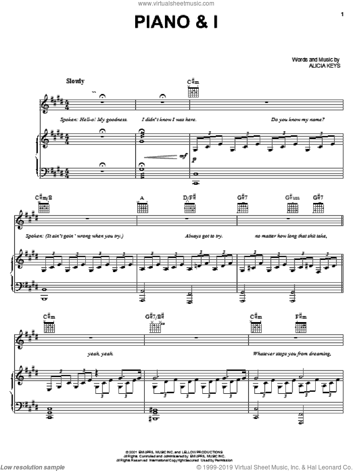 Piano and I sheet music for voice, piano or guitar by Alicia Keys, intermediate skill level