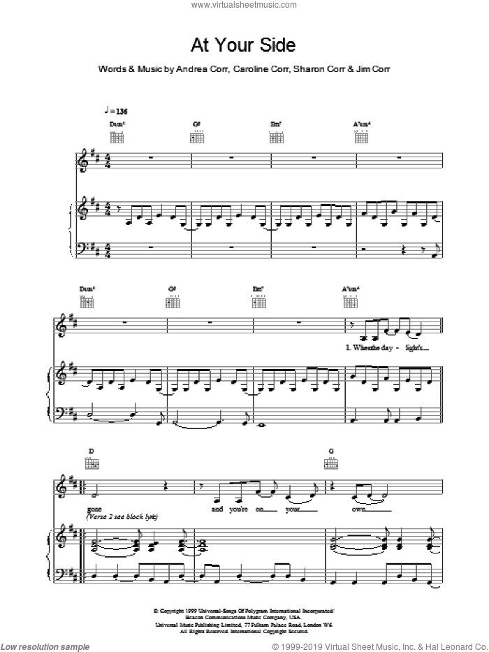 At Your Side sheet music for voice, piano or guitar by The Corrs, intermediate skill level