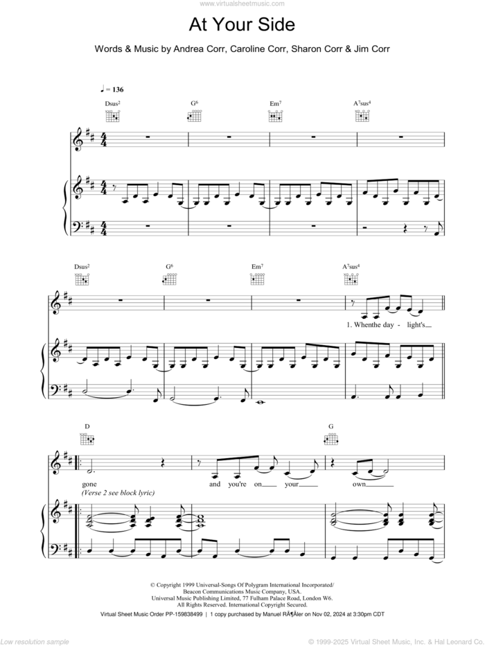 At Your Side sheet music for voice, piano or guitar by The Corrs, intermediate skill level