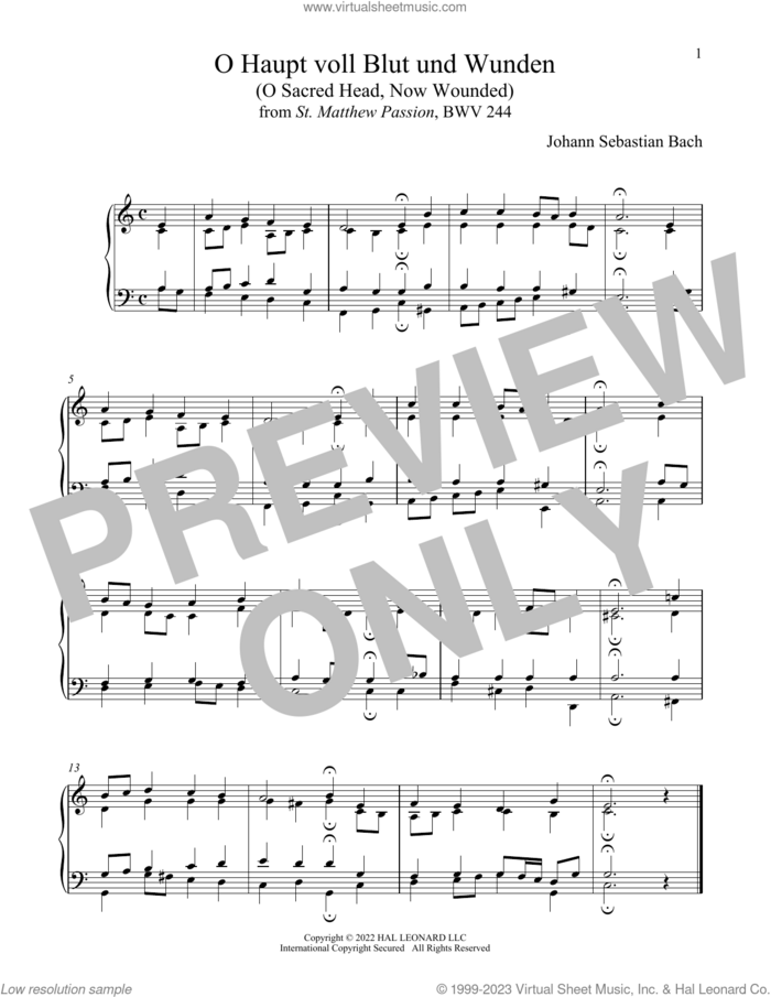 O Haupt Voll Blut Und Wunden sheet music for piano solo by Johann Sebastian Bach, classical score, intermediate skill level