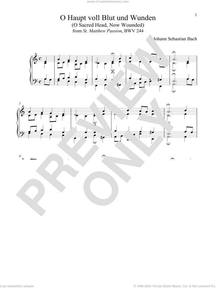 O Haupt Voll Blut Und Wunden sheet music for piano solo by Johann Sebastian Bach, classical score, intermediate skill level