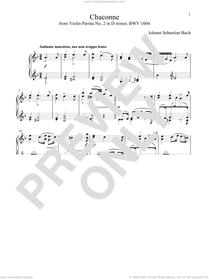 Chaconne (Theme), BWV 1004 sheet music for piano solo by Johann Sebastian Bach, classical score, intermediate skill level