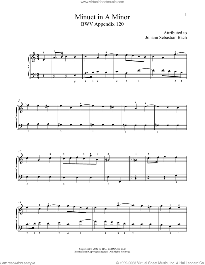 Minuet In A Minor, Anh. 120 sheet music for piano solo by Johann Sebastian Bach, classical score, intermediate skill level