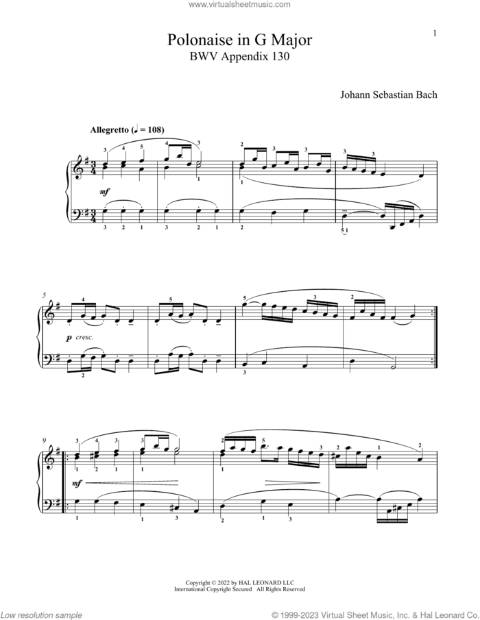 Polonaise In G Major, BWV App 130 sheet music for piano solo by Johann Sebastian Bach, classical score, intermediate skill level