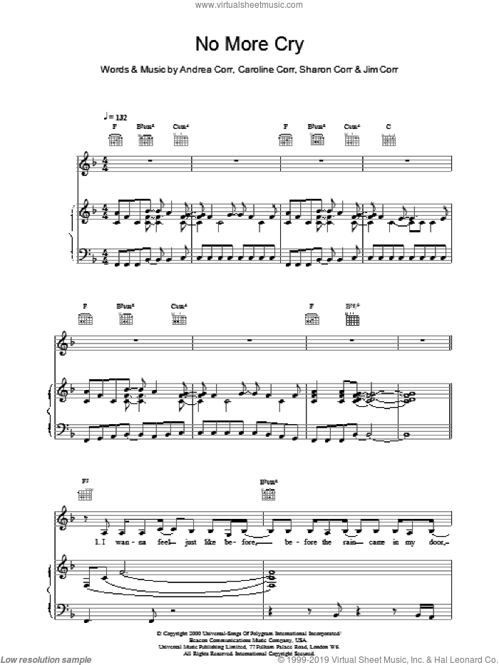 No More Cry sheet music for voice, piano or guitar by The Corrs, intermediate skill level