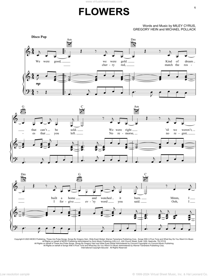Flowers sheet music for voice, piano or guitar by Miley Cyrus, Gregory Hein, Michael Pollack and Miley Ray Cyrus, intermediate skill level