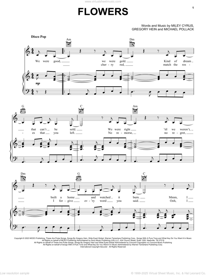 Flowers sheet music for voice, piano or guitar by Miley Cyrus, Gregory Hein, Michael Pollack and Miley Ray Cyrus, intermediate skill level