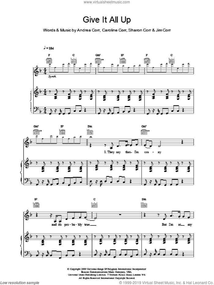 Give It All Up sheet music for voice, piano or guitar by The Corrs, intermediate skill level