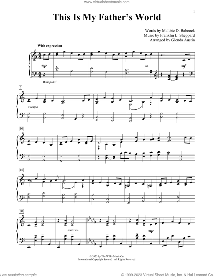 This Is My Father's World (arr. Glenda Austin) sheet music for piano solo (elementary) by Maltbie D. Babcock, Glenda Austin and Franklin L. Sheppard, beginner piano (elementary)