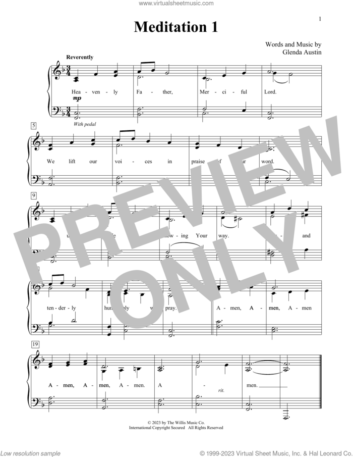 Meditation 1 sheet music for piano solo (elementary) by Glenda Austin, beginner piano (elementary)