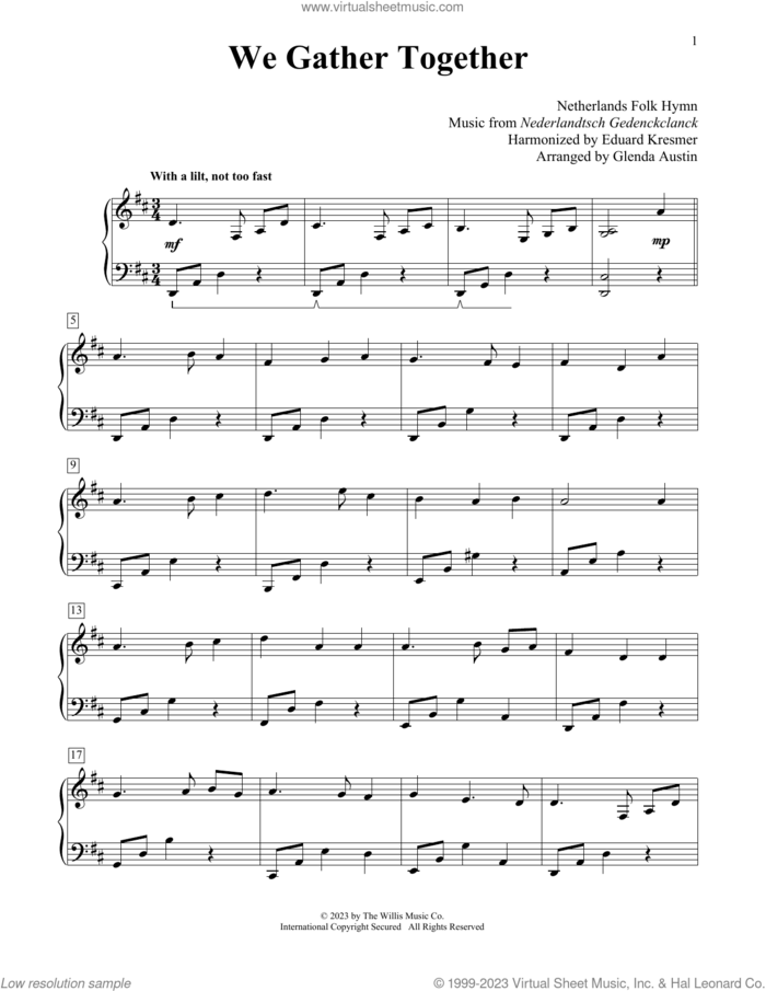 We Gather Together (arr. Glenda Austin) sheet music for piano solo (elementary) by Nederlandtsch Gedenckclanck, Glenda Austin, Eduard Kremser (harm.), Miscellaneous and Theodore Baker (trans.), beginner piano (elementary)