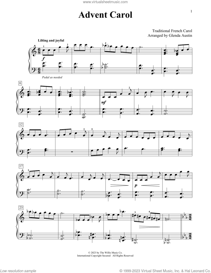 Advent Carol (arr. Glenda Austin) sheet music for piano solo (elementary)  and Glenda Austin, beginner piano (elementary)