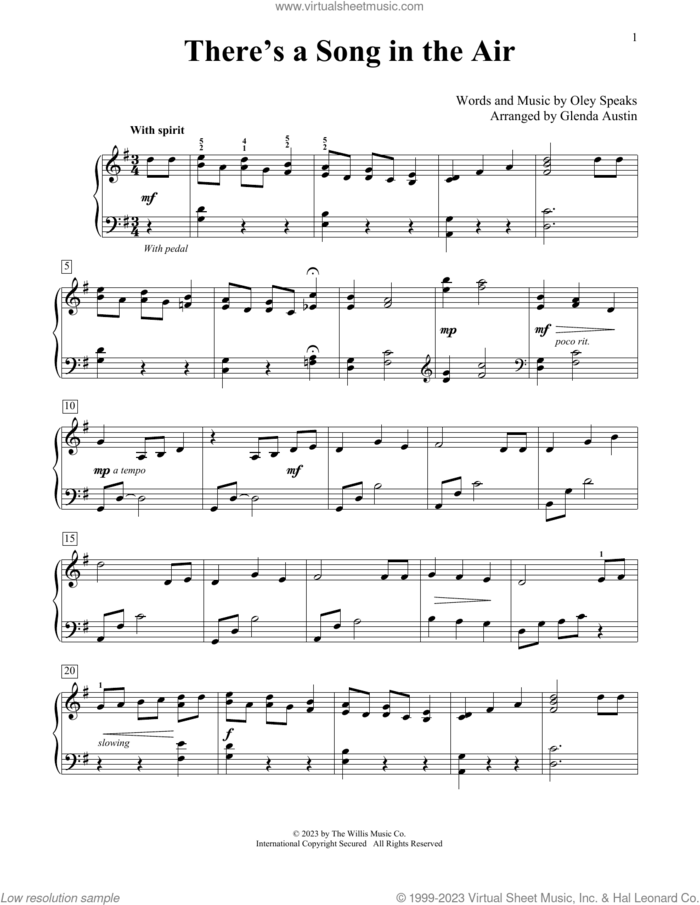 There's A Song In The Air (arr. Glenda Austin) sheet music for piano solo (elementary) by Oley Speaks and Glenda Austin, beginner piano (elementary)