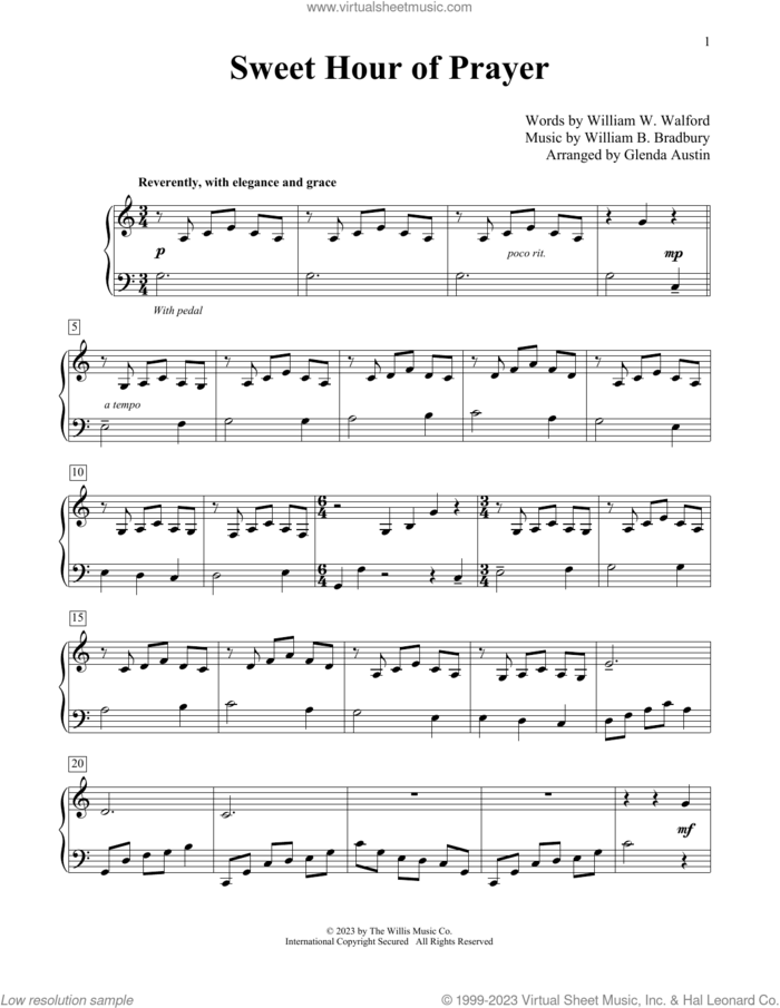 Sweet Hour Of Prayer (arr. Glenda Austin) sheet music for piano solo (elementary) by William B. Bradbury, Glenda Austin and William W. Walford, beginner piano (elementary)