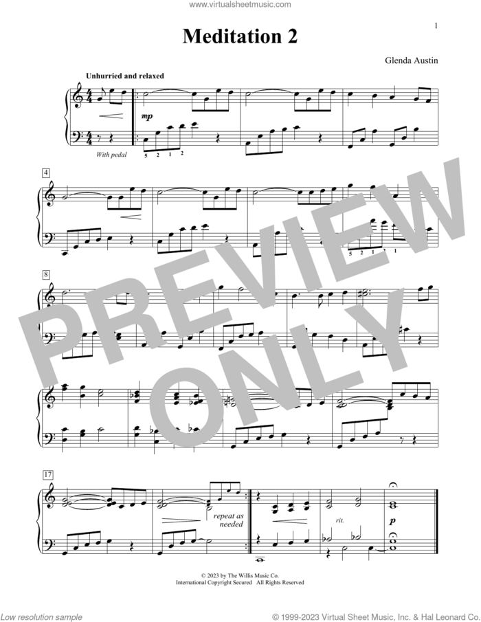 Meditation 2 sheet music for piano solo (elementary) by Glenda Austin, beginner piano (elementary)