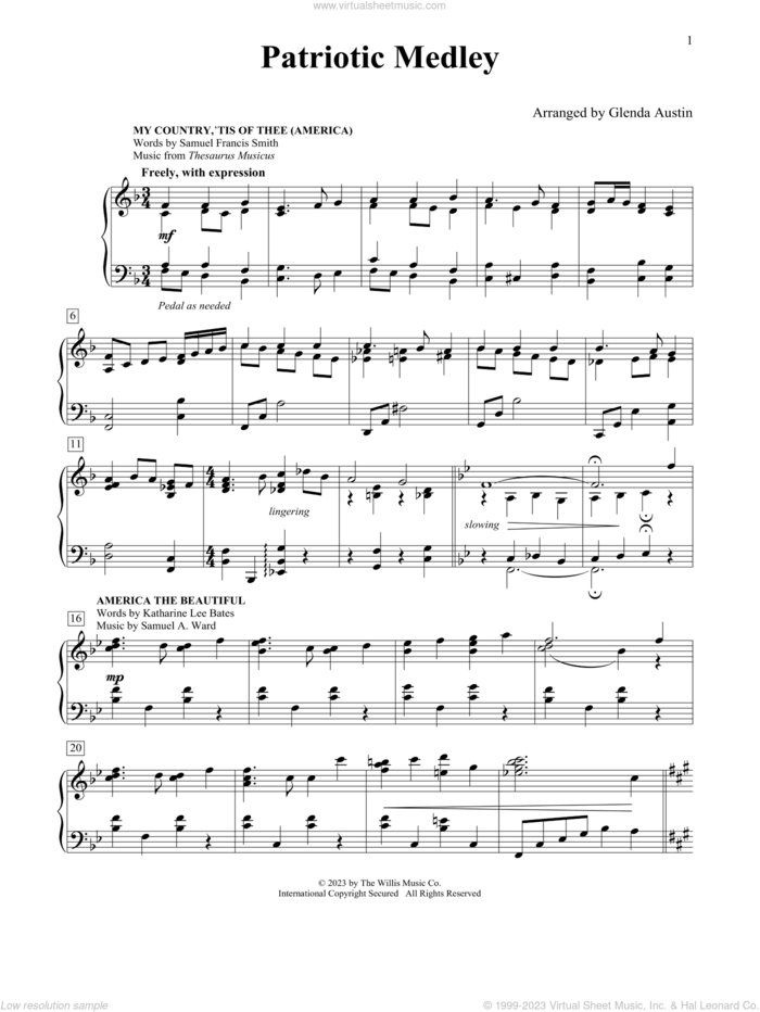 Patriotic Medley sheet music for piano solo (elementary) by Samuel Augustus Ward, Glenda Austin, Katherine Lee Bates, Samuel Francis Smith and Thesaurus Musicus, beginner piano (elementary)