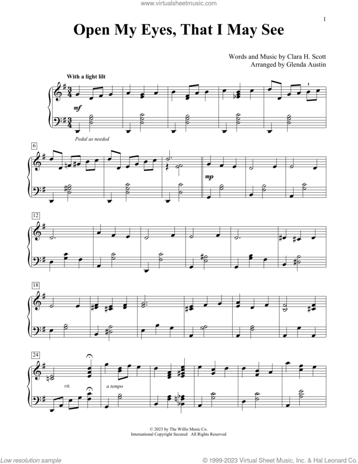 Open My Eyes, That I May See (arr. Glenda Austin) sheet music for piano solo (elementary) by Clara H. Scott and Glenda Austin, beginner piano (elementary)