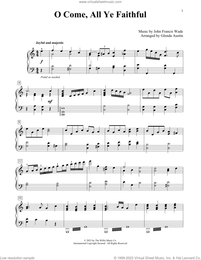O Come, All Ye Faithful (arr. Glenda Austin) sheet music for piano solo (elementary) by John Francis Wade, Glenda Austin and Frederick Oakeley (English), beginner piano (elementary)
