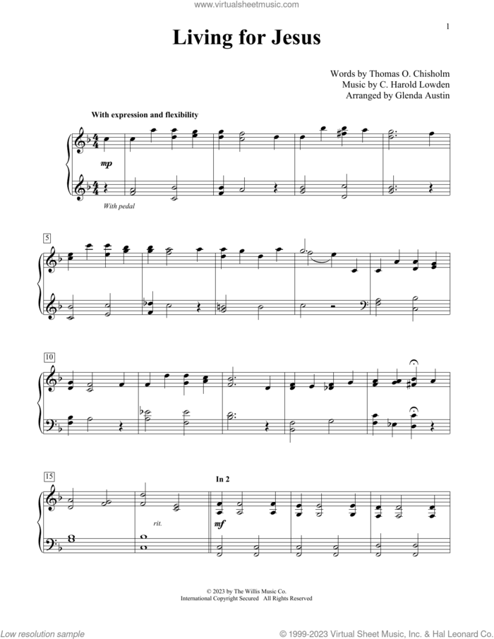 Living For Jesus (arr. Glenda Austin) sheet music for piano solo (elementary) by Thomas O. Chisholm, Glenda Austin and C. Harold Lowden, beginner piano (elementary)