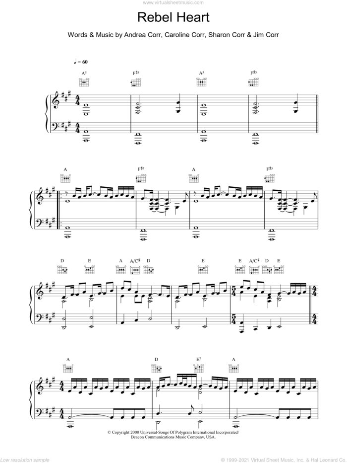 Rebel Heart sheet music for voice, piano or guitar by The Corrs, intermediate skill level