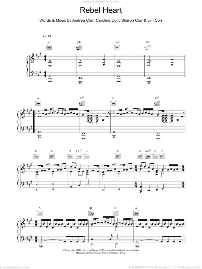 Rebel Heart sheet music for voice, piano or guitar by The Corrs, intermediate skill level