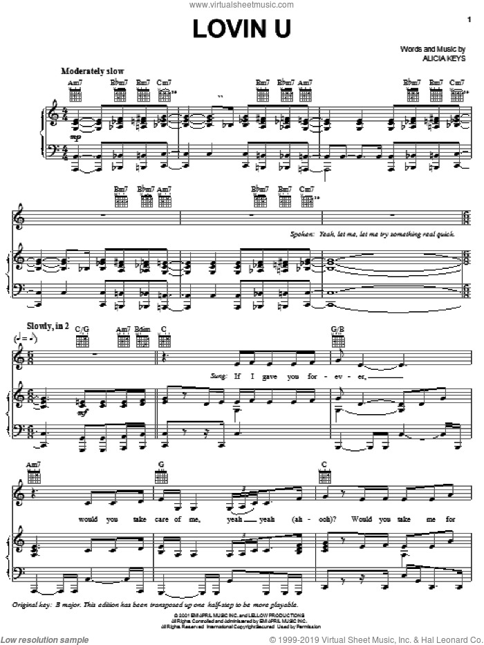 Lovin U sheet music for voice, piano or guitar by Alicia Keys, intermediate skill level