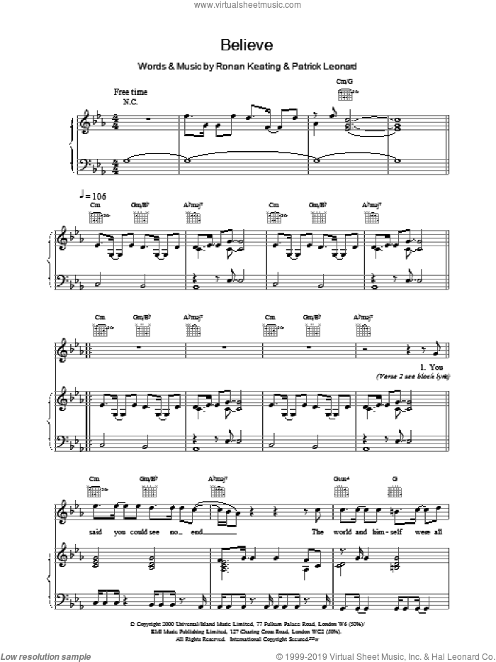 Believe sheet music for voice, piano or guitar by Ronan Keating, intermediate skill level