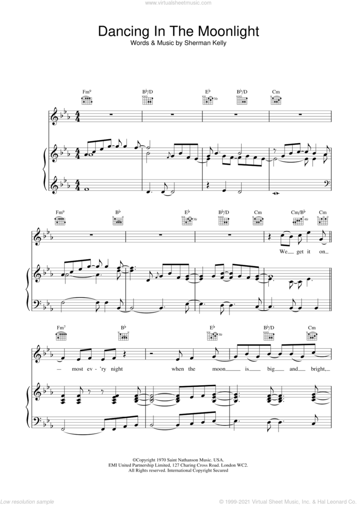 Dancing in the Moonlight sheet music for voice, piano or guitar by Toploader, intermediate skill level