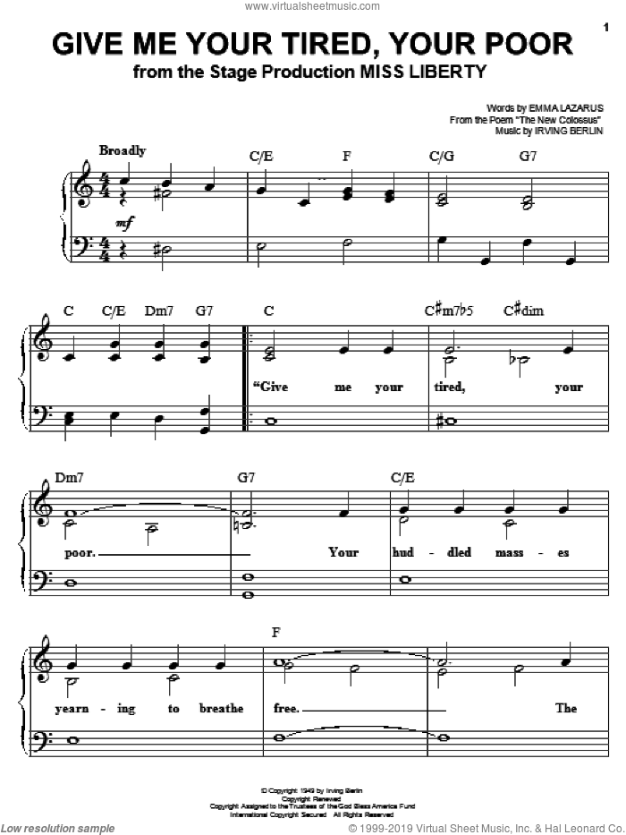 Give Me Your Tired, Your Poor sheet music for piano solo by Irving Berlin and Emma Lazarus, easy skill level