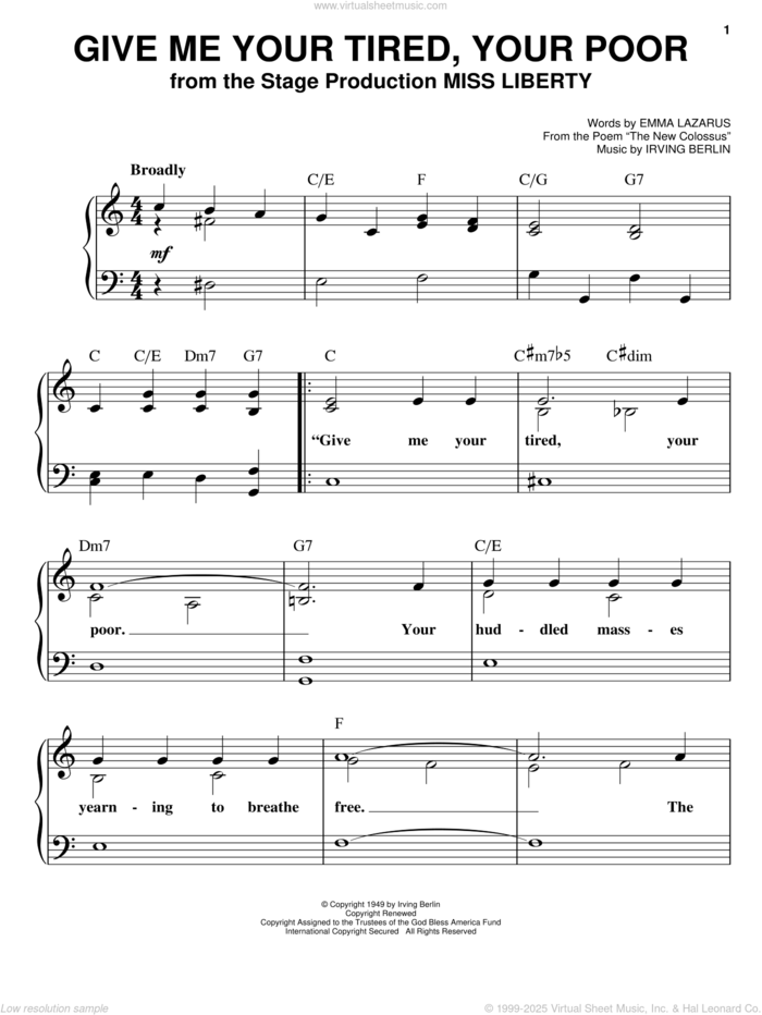 Give Me Your Tired, Your Poor sheet music for piano solo by Irving Berlin and Emma Lazarus, easy skill level