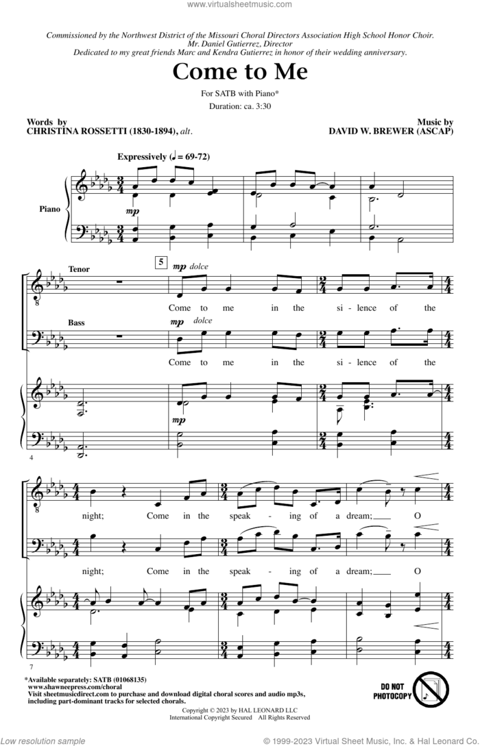 Come To Me sheet music for choir (SATB: soprano, alto, tenor, bass) by David W. Brewer and Christina Rossetti, intermediate skill level