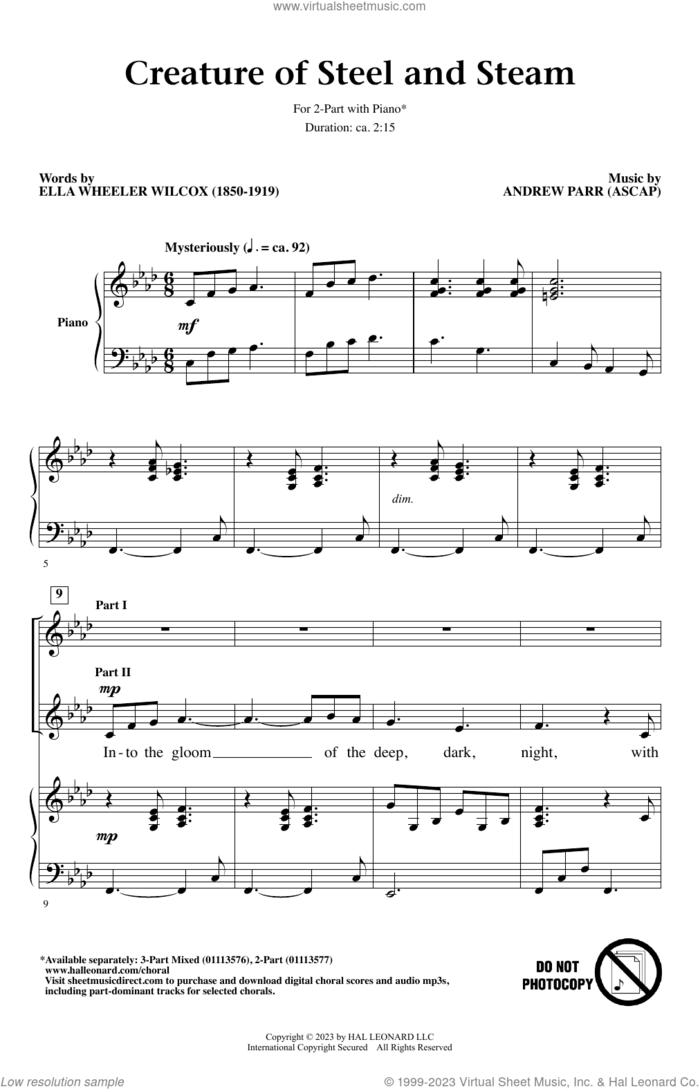 Creature Of Steel And Steam sheet music for choir (2-Part) by Andrew Parr and Ella Wheeler Wilcox, intermediate duet