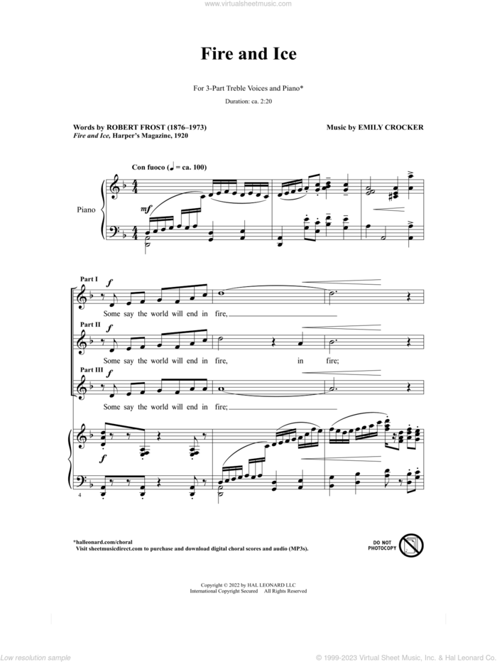 Fire And Ice sheet music for choir (SSA: soprano, alto) by Emily Crocker and Robert Frost, intermediate skill level