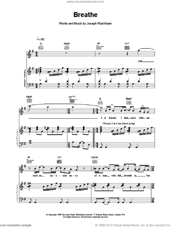 Breathe sheet music for voice, piano or guitar by Toploader, intermediate skill level