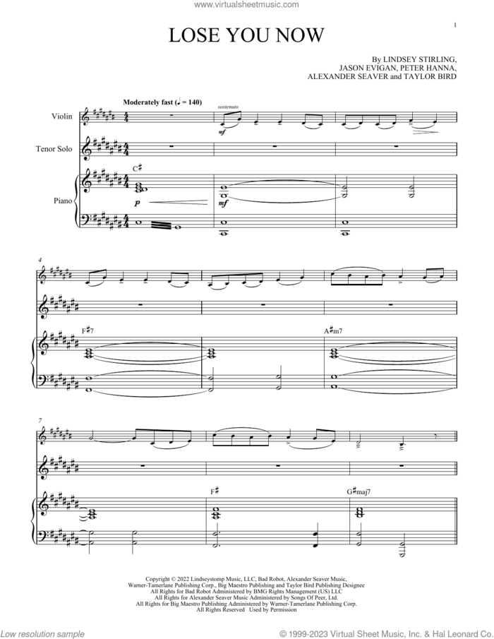 Lose You Now (with Vocal Solo) sheet music for violin and piano by Lindsey Stirling, Alexander Seaver, Jason Evigan, Peter Hanna and Taylor Bird, intermediate skill level