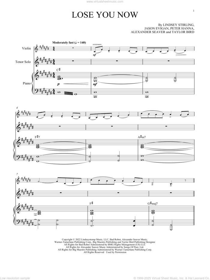 Lose You Now (with Vocal Solo) sheet music for violin and piano by Lindsey Stirling, Alexander Seaver, Jason Evigan, Peter Hanna and Taylor Bird, intermediate skill level