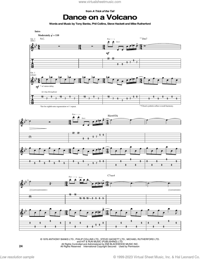 Dance On A Volcano sheet music for guitar (tablature) by Genesis, Mike Rutherford, Phil Collins, Steven Hackett and Tony Banks, intermediate skill level