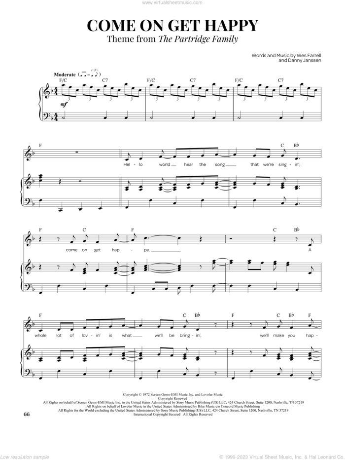 Come On Get Happy sheet music for voice and piano by The Partridge Family, Dana Lentini, Danny Janssen and Wes Farrell, intermediate skill level