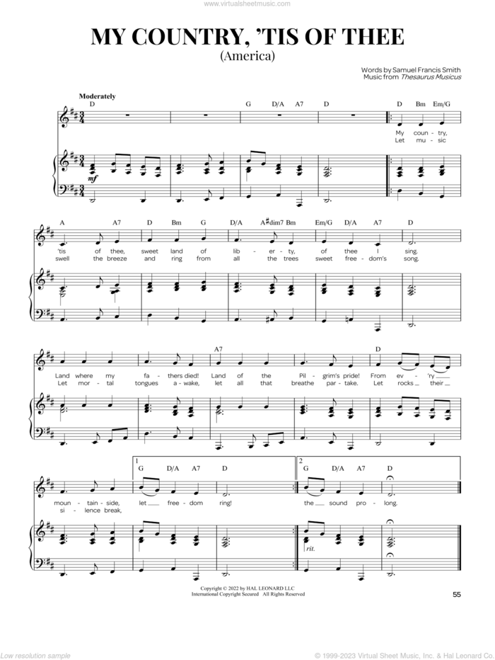 My Country, 'Tis Of Thee (America) sheet music for voice and piano by Samuel Francis Smith, Dana Lentini and Thesaurus Musicus, intermediate skill level