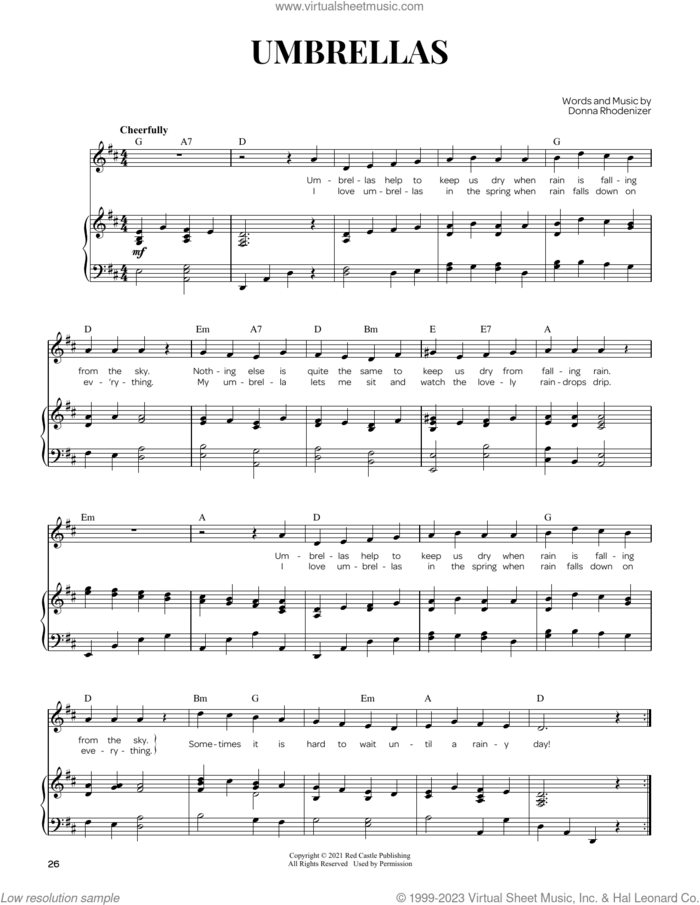 Umbrellas sheet music for voice and piano by Donna Rhodenizer and Dana Lentini, intermediate skill level