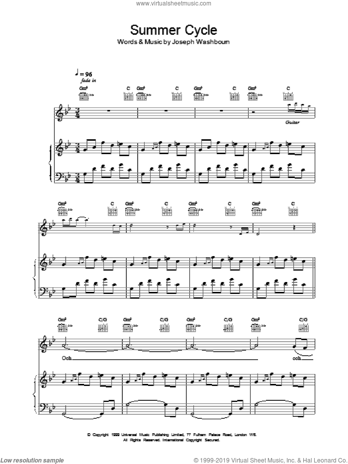 Summer Cycle sheet music for voice, piano or guitar by Toploader, intermediate skill level