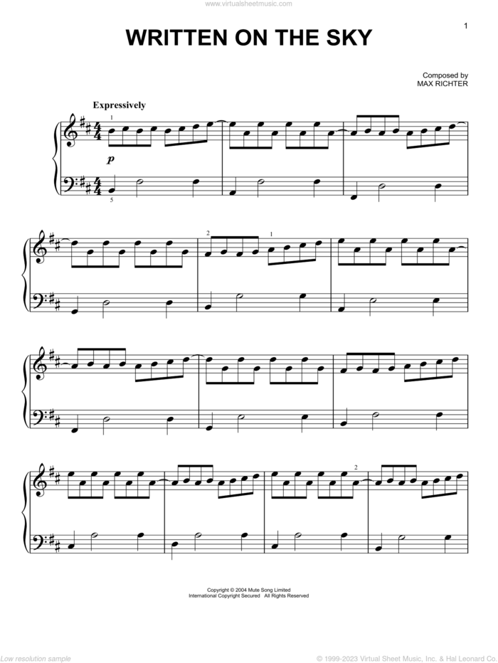 Written On The Sky, (easy) sheet music for piano solo by Max Richter, classical score, easy skill level