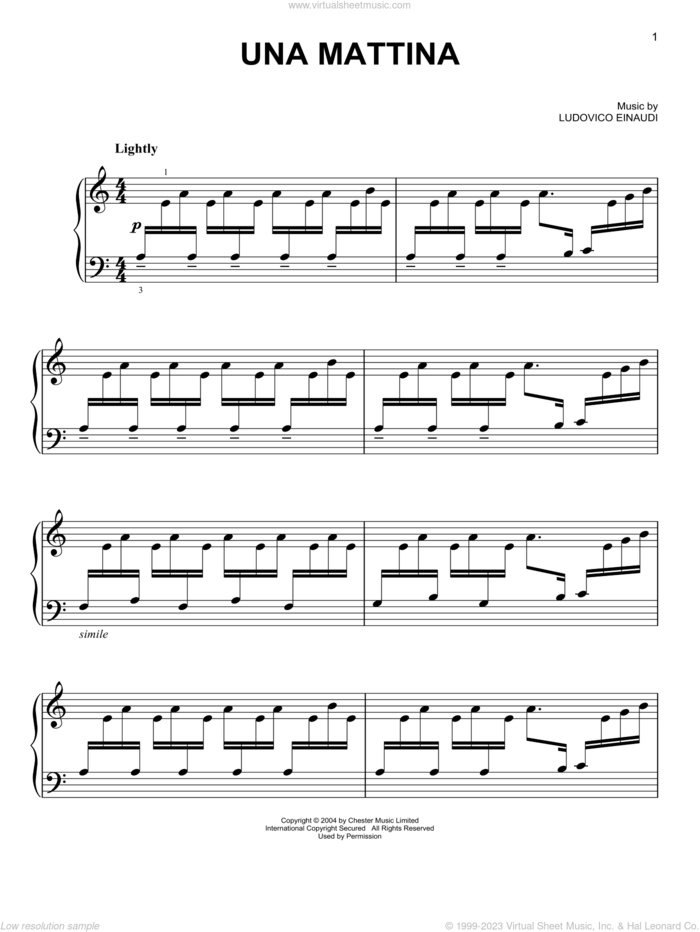Una Mattina sheet music for piano solo by Ludovico Einaudi, classical score, easy skill level