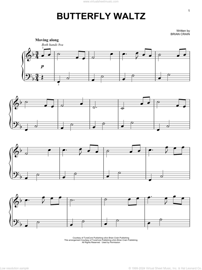 Butterfly Waltz sheet music for piano solo by Brian Crain, easy skill level