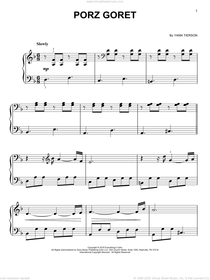 Porz Goret, (easy) sheet music for piano solo by Yann Tiersen, classical score, easy skill level