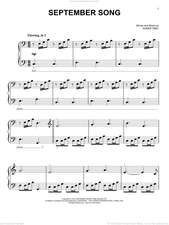 September Song, (easy) sheet music for piano solo by Agnes Obel, easy skill level