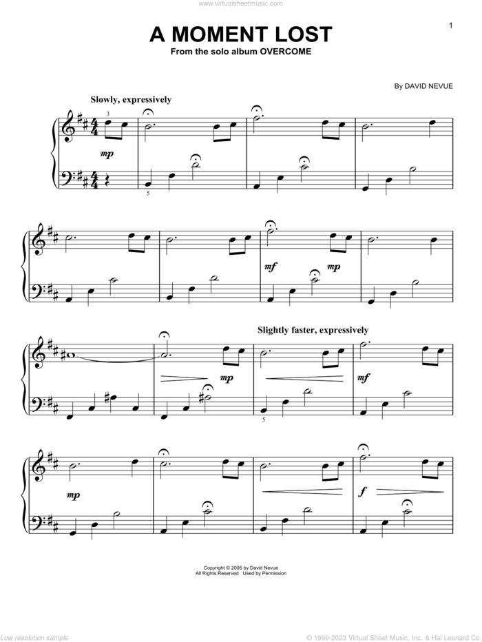 A Moment Lost, (easy) sheet music for piano solo by David Nevue, easy skill level