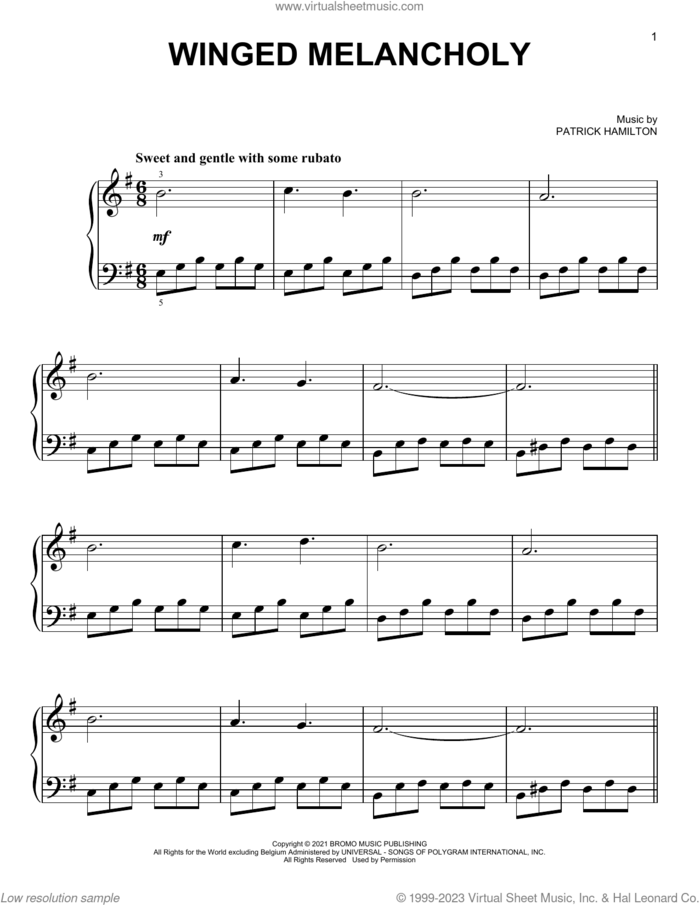 Winged Melancholy sheet music for piano solo by Patrick Hamilton, easy skill level