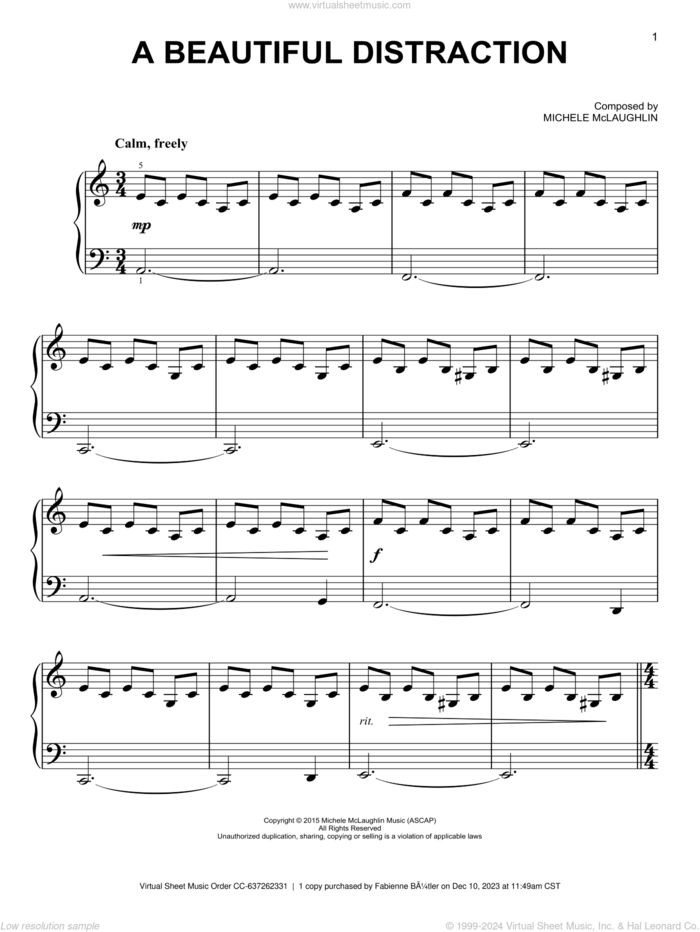 A Beautiful Distraction, (easy) sheet music for piano solo by Michele McLaughlin, easy skill level